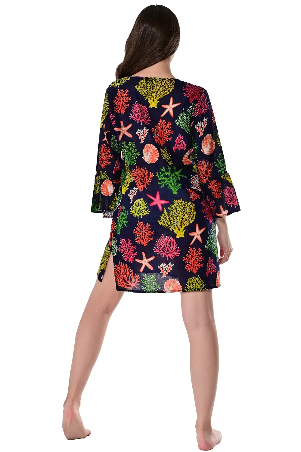Azucar Ladies Cotton Short Tunic Beach w/Sea Shell Print 3/4 Flair Sleeve -LCT1761