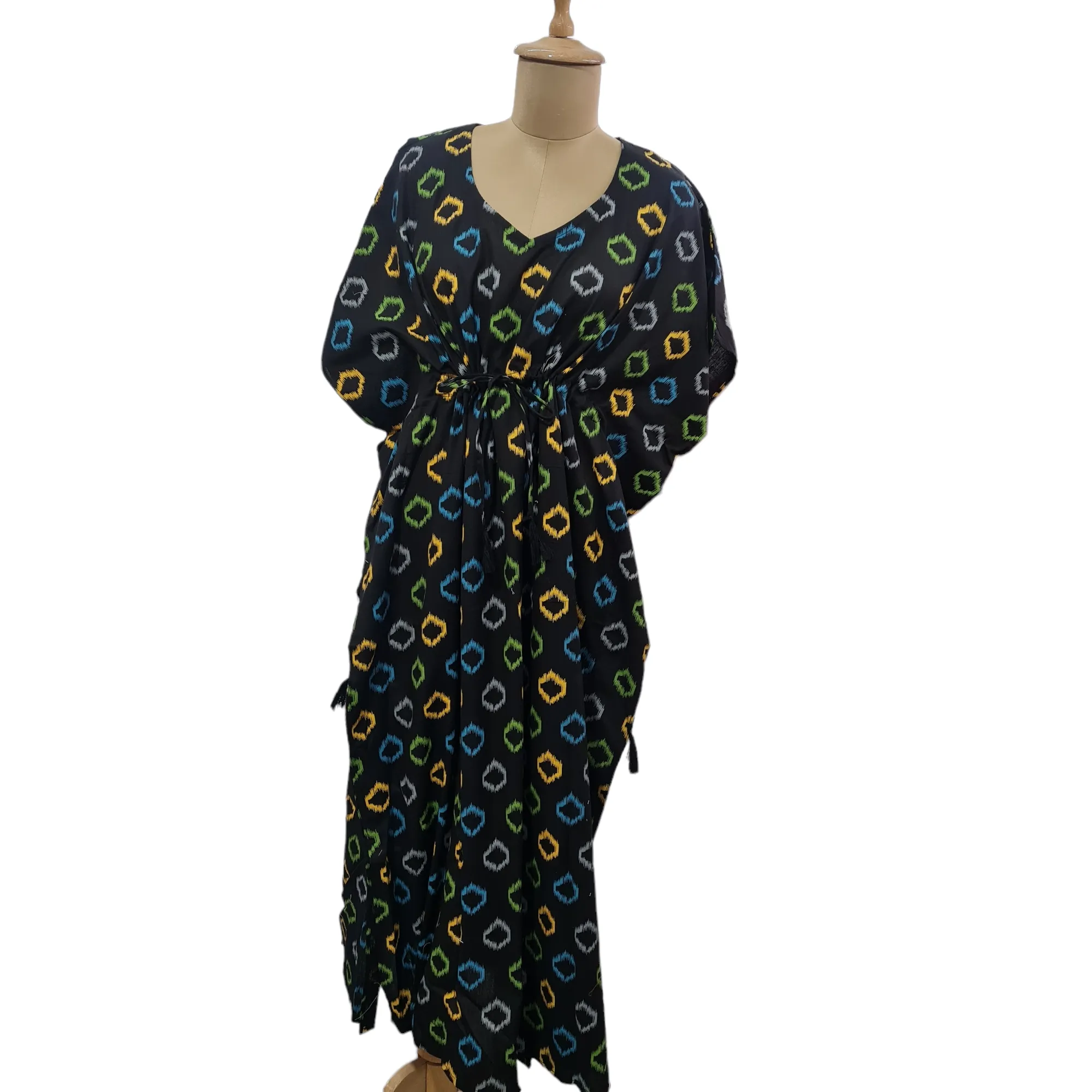 Black Mutlicolor Geometetrical Print Cotton Kaftan