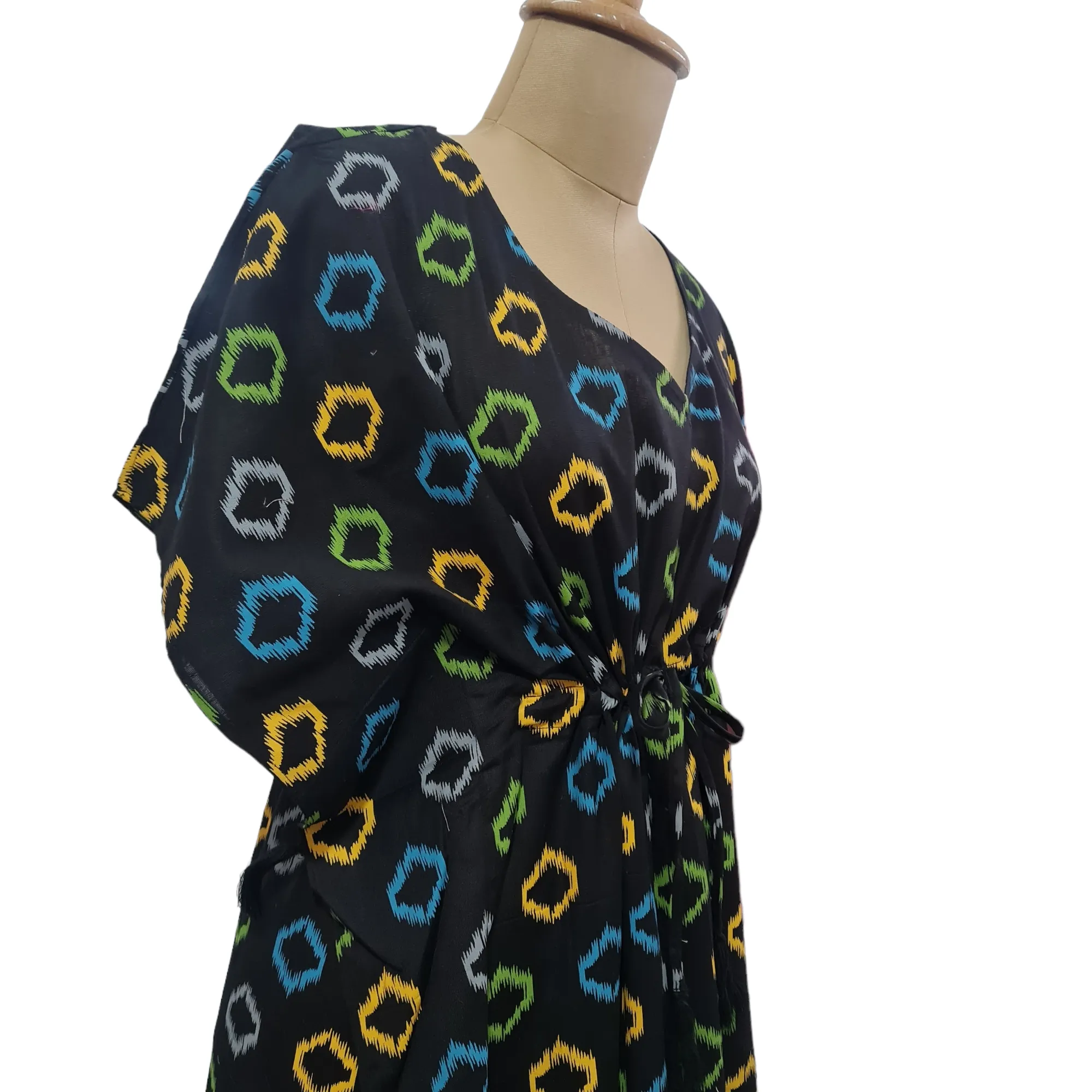 Black Mutlicolor Geometetrical Print Cotton Kaftan