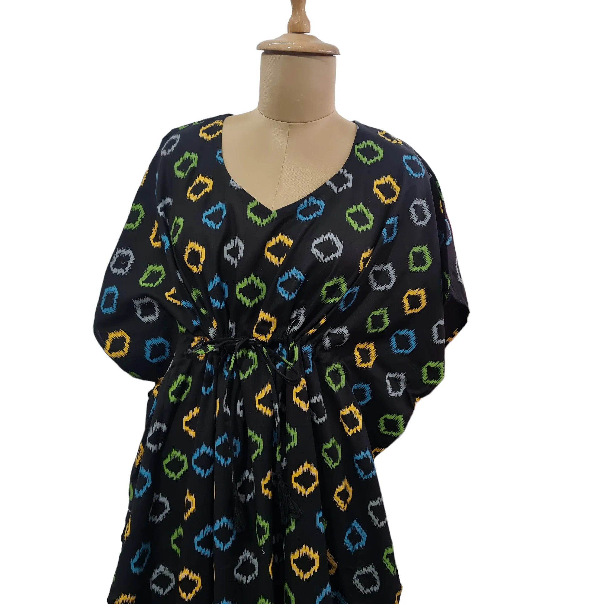 Black Mutlicolor Geometetrical Print Cotton Kaftan
