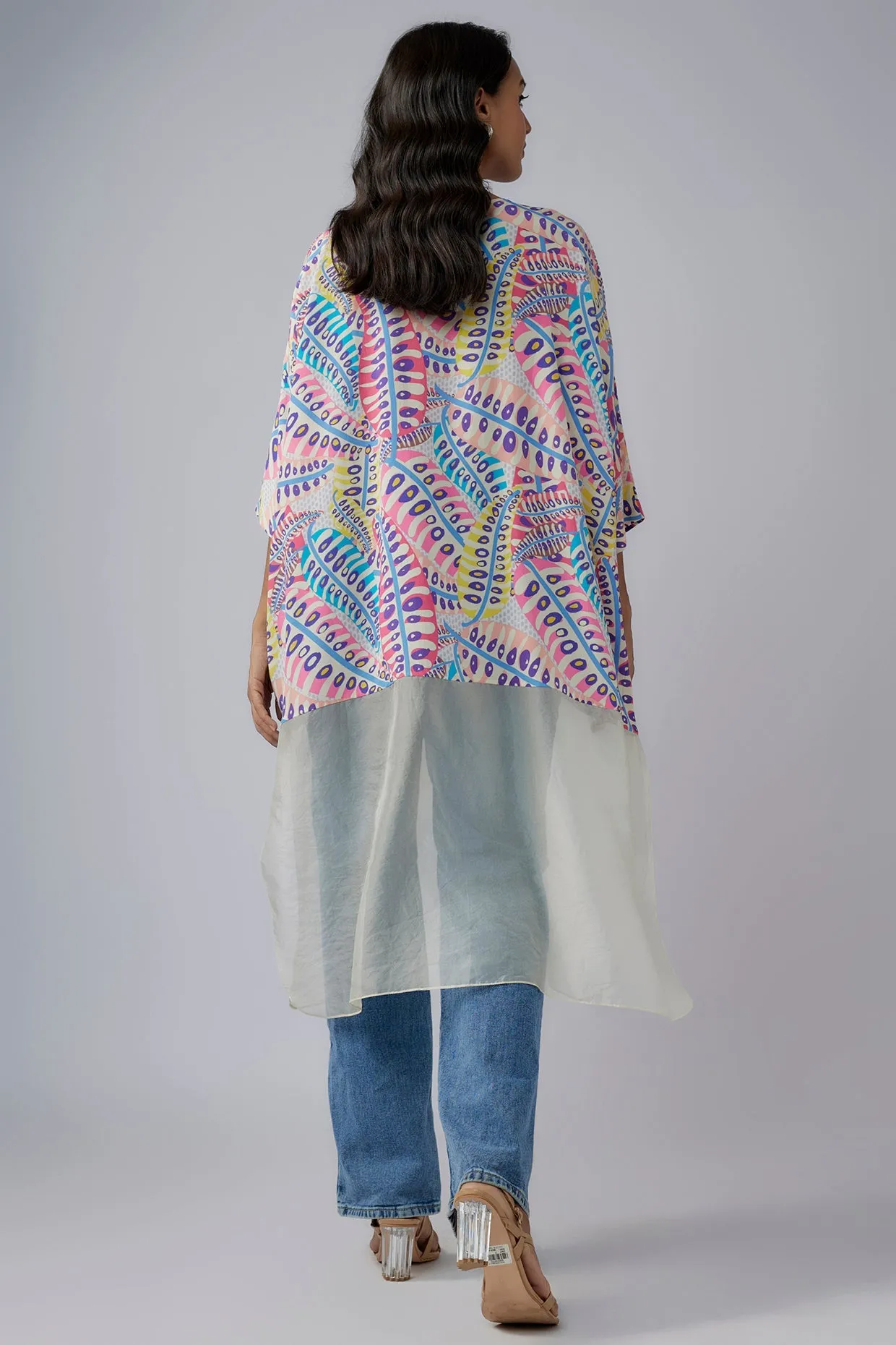 Blue Printed Crepe And Organza Raneem Tunic
