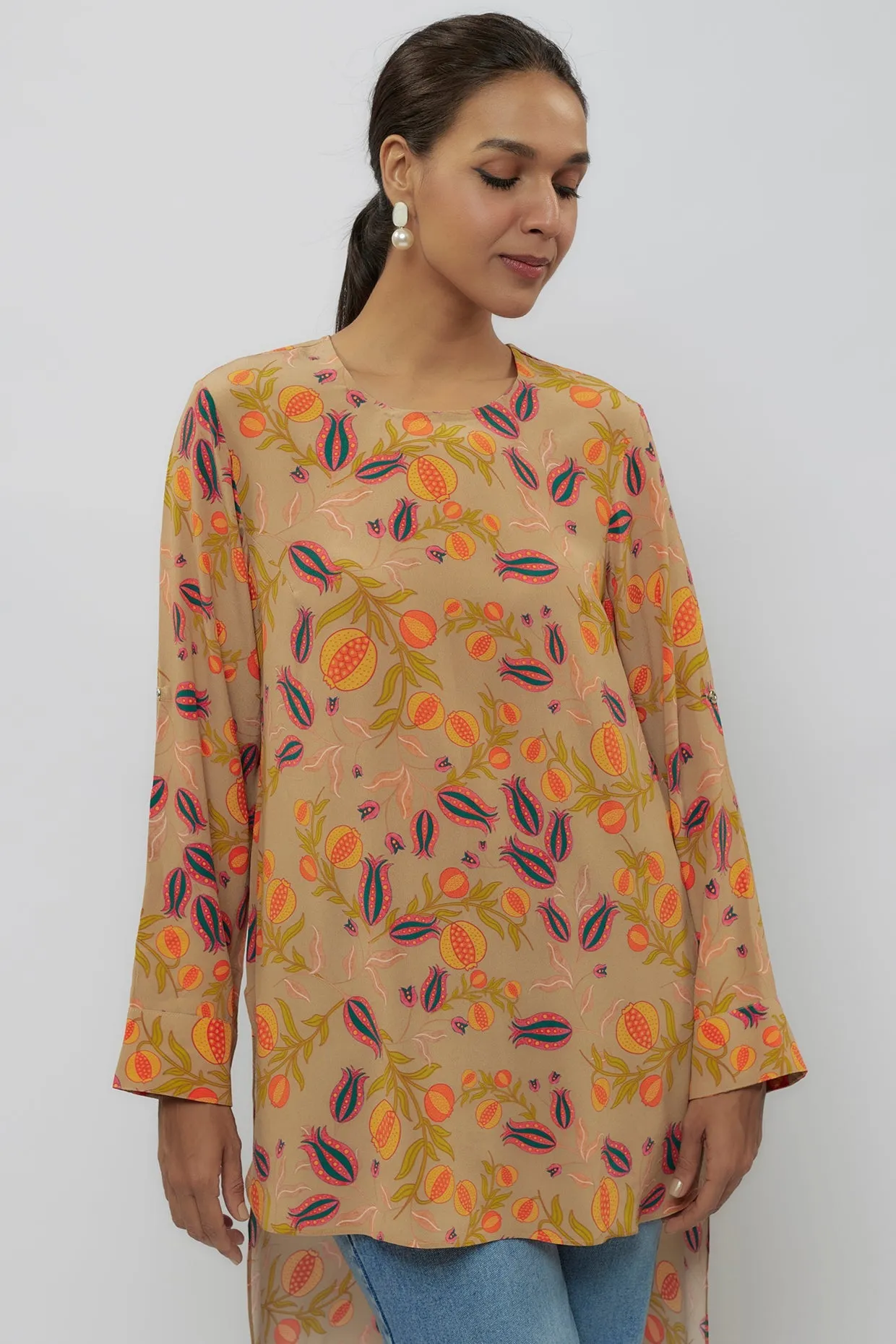 Brown Printed Crepe High Low Rolled Up Sleeves Tunic