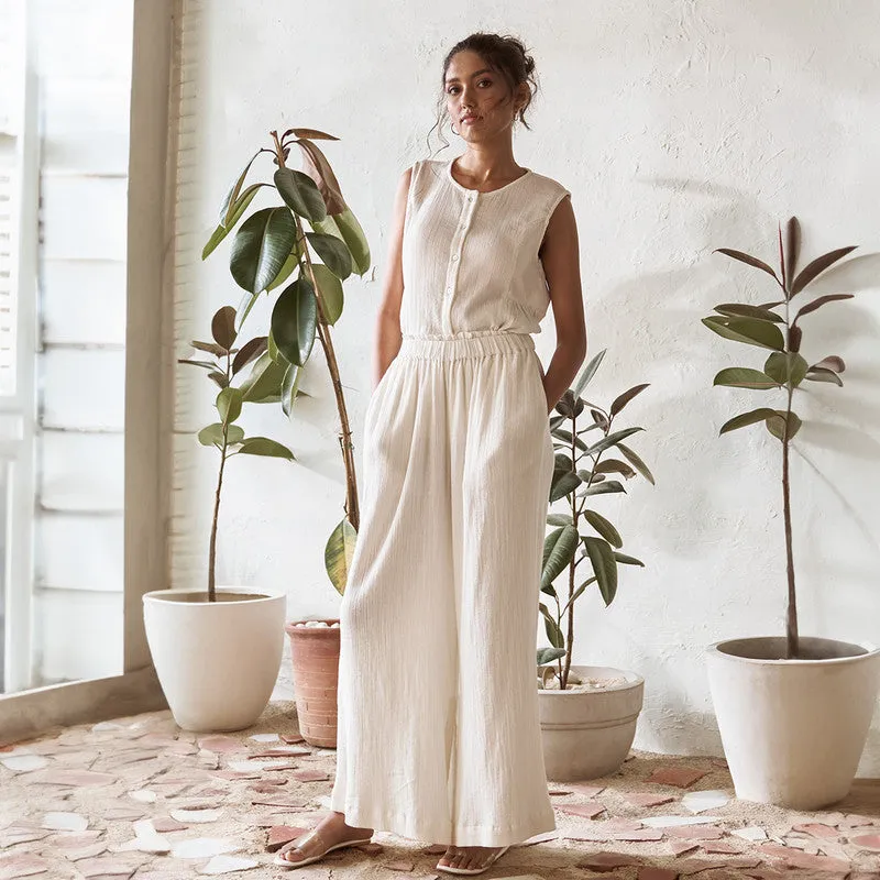 Cotton Solid Pant For Women | Elasticated Waist | Pearl White