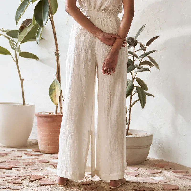 Cotton Solid Pant For Women | Elasticated Waist | Pearl White