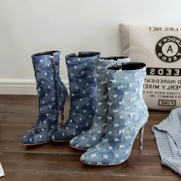 Denim Patchwork Pointed-Toe Mid-Calf High Heel Boots