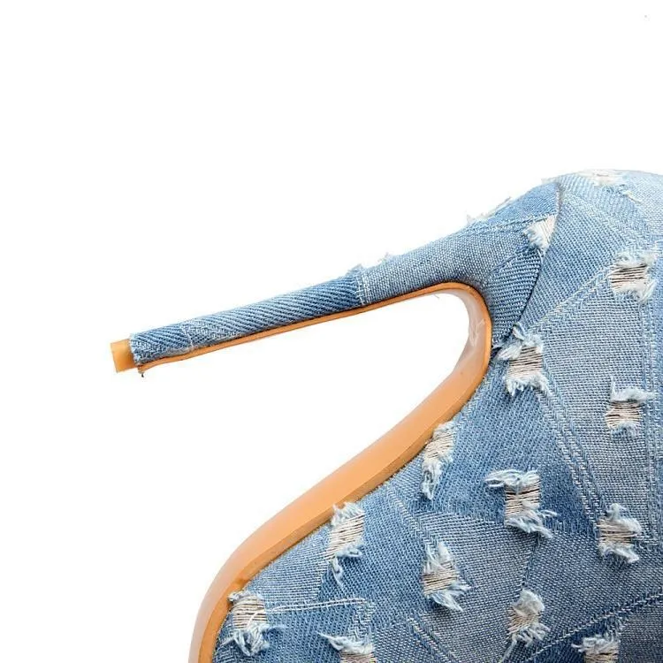 Denim Patchwork Pointed-Toe Mid-Calf High Heel Boots
