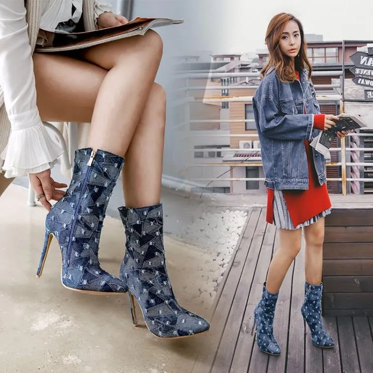 Denim Patchwork Pointed-Toe Mid-Calf High Heel Boots