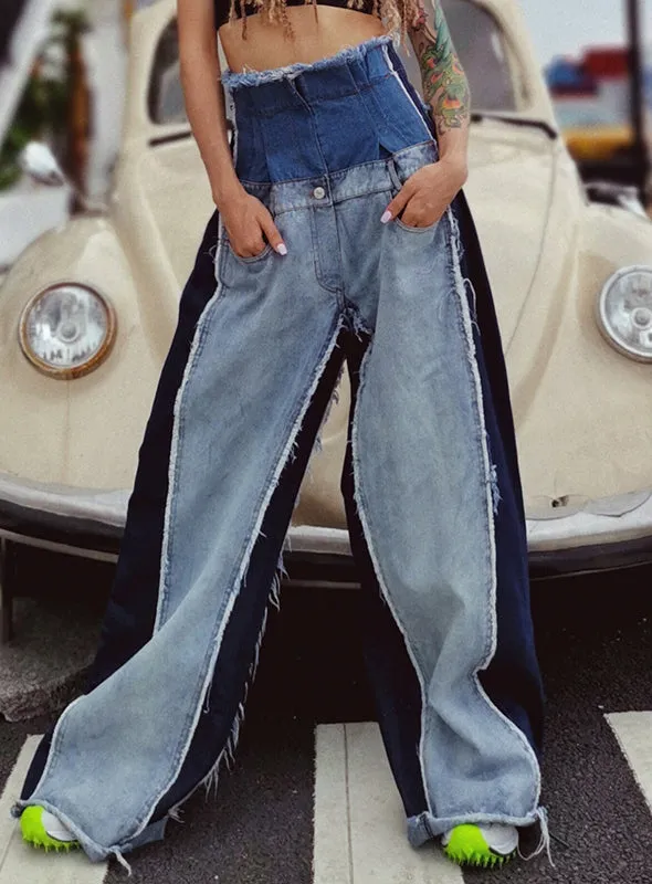 Denim Patchwork Women High Waist pocket contrast Color Large Size Wide Leg Pants - Autumn Winter