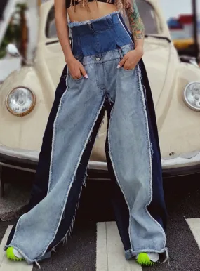 Denim Patchwork Women High Waist pocket contrast Color Large Size Wide Leg Pants - Autumn Winter