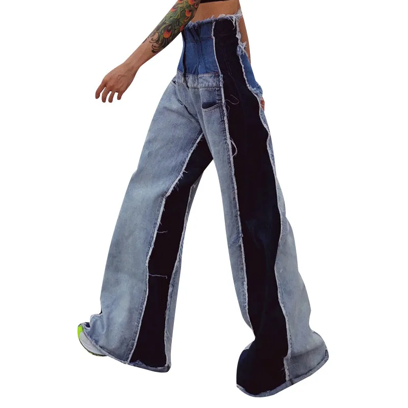 Denim Patchwork Women High Waist pocket contrast Color Large Size Wide Leg Pants - Autumn Winter
