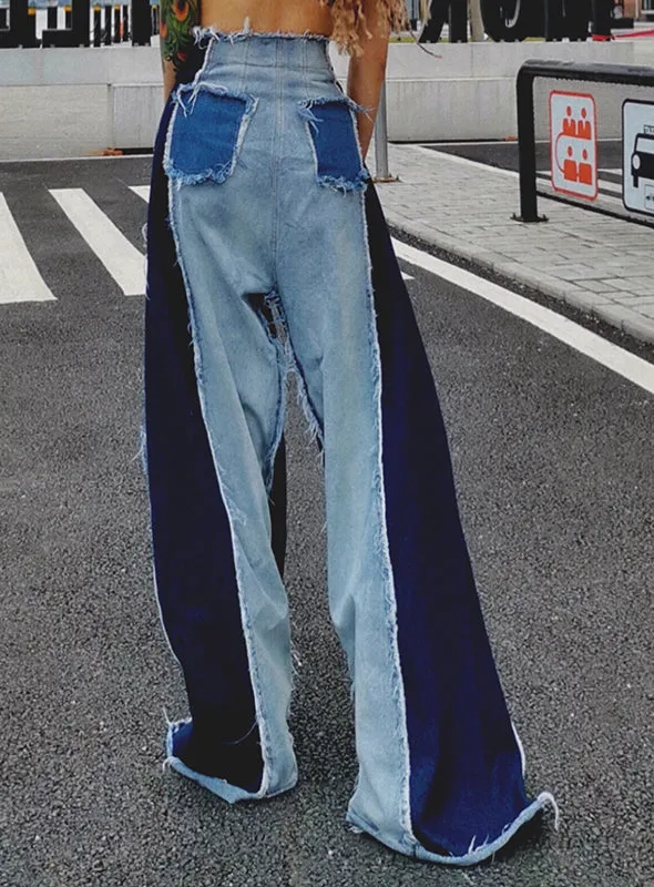Denim Patchwork Women High Waist pocket contrast Color Large Size Wide Leg Pants - Autumn Winter