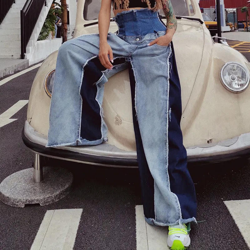 Denim Patchwork Women High Waist pocket contrast Color Large Size Wide Leg Pants - Autumn Winter
