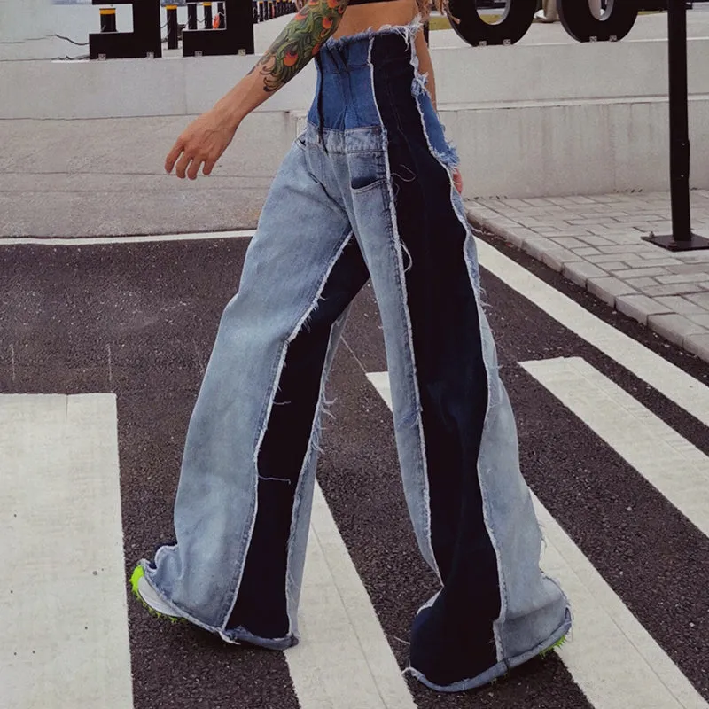 Denim Patchwork Women High Waist pocket contrast Color Large Size Wide Leg Pants - Autumn Winter