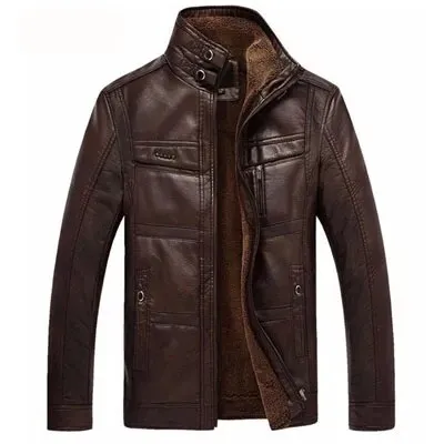 DIMUSI Leather Jacket Men Winter Leanther Jacket Solid Thick Coat Male Thermal Fleece Casual Stand Collar Clothing 5XL,YA512