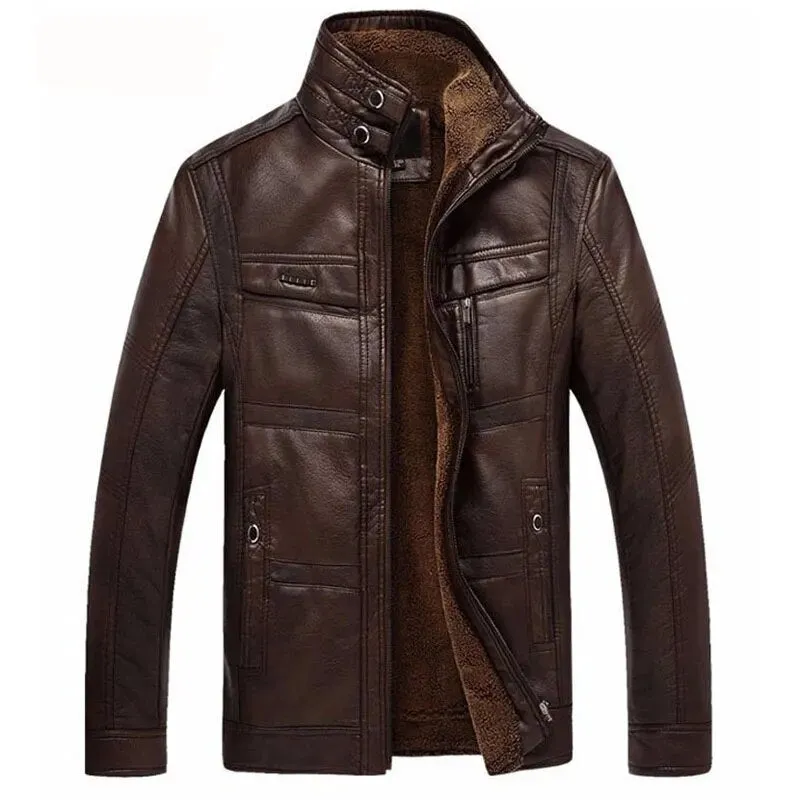 DIMUSI Leather Jacket Men Winter Leanther Jacket Solid Thick Coat Male Thermal Fleece Casual Stand Collar Clothing 5XL,YA512
