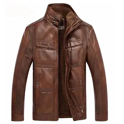 DIMUSI Leather Jacket Men Winter Leanther Jacket Solid Thick Coat Male Thermal Fleece Casual Stand Collar Clothing 5XL,YA512