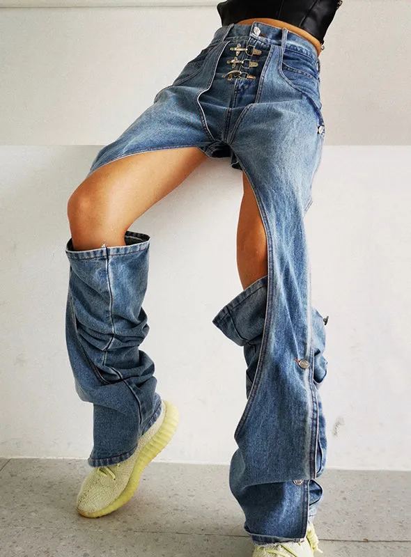 Elegant Hollow Out Women Denim Jeans High Waist casual Wide Leg Pants Fashion Clothes Summer