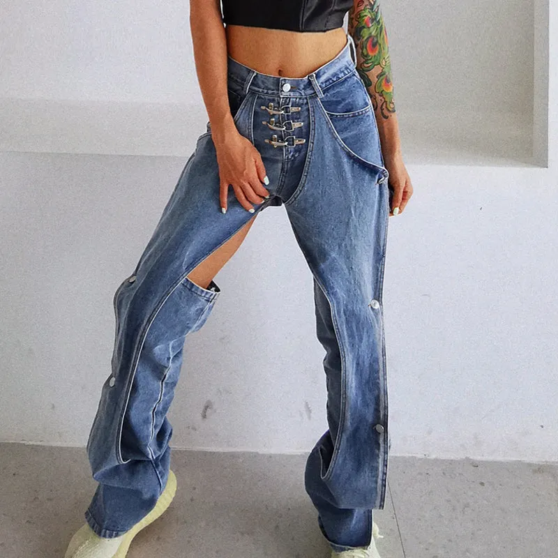 Elegant Hollow Out Women Denim Jeans High Waist casual Wide Leg Pants Fashion Clothes Summer