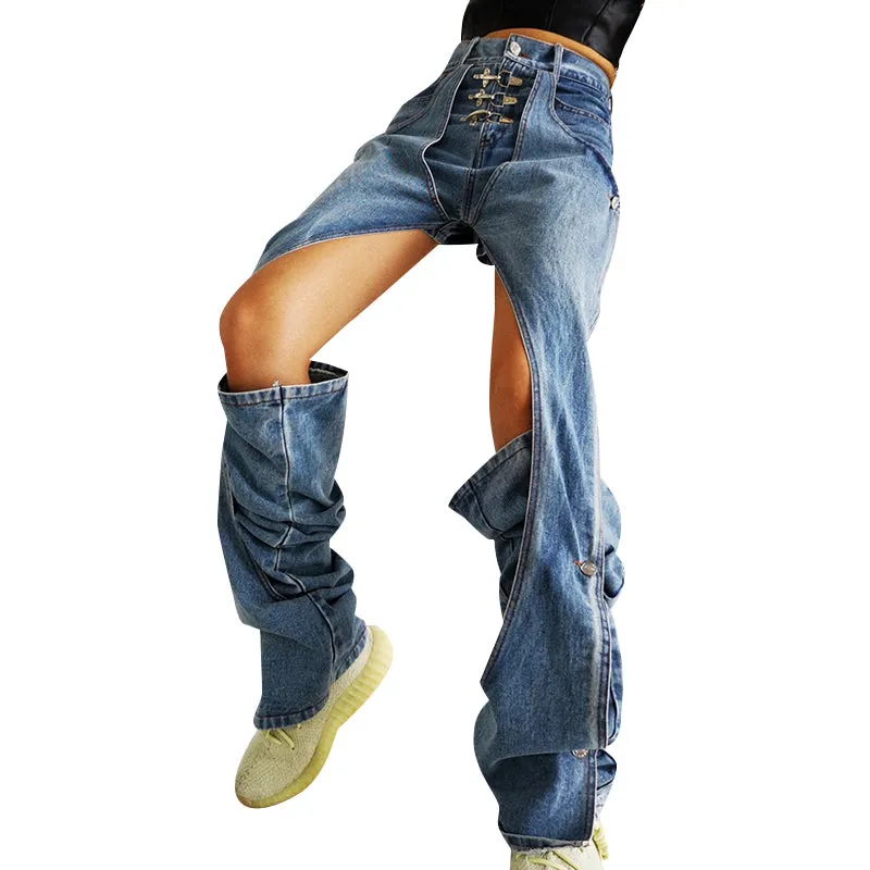 Elegant Hollow Out Women Denim Jeans High Waist casual Wide Leg Pants Fashion Clothes Summer