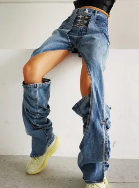 Elegant Hollow Out Women Denim Jeans High Waist casual Wide Leg Pants Fashion Clothes Summer