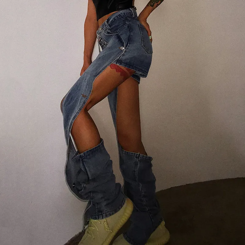 Elegant Hollow Out Women Denim Jeans High Waist casual Wide Leg Pants Fashion Clothes Summer