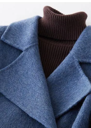 Fashion oversized long winter coat double breast outwear denim blue Notched Wool jackets