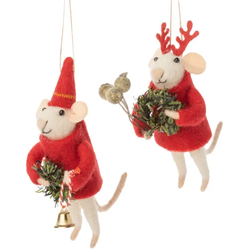 Felt Mouse with Red Coat and Bell Felt Ornament