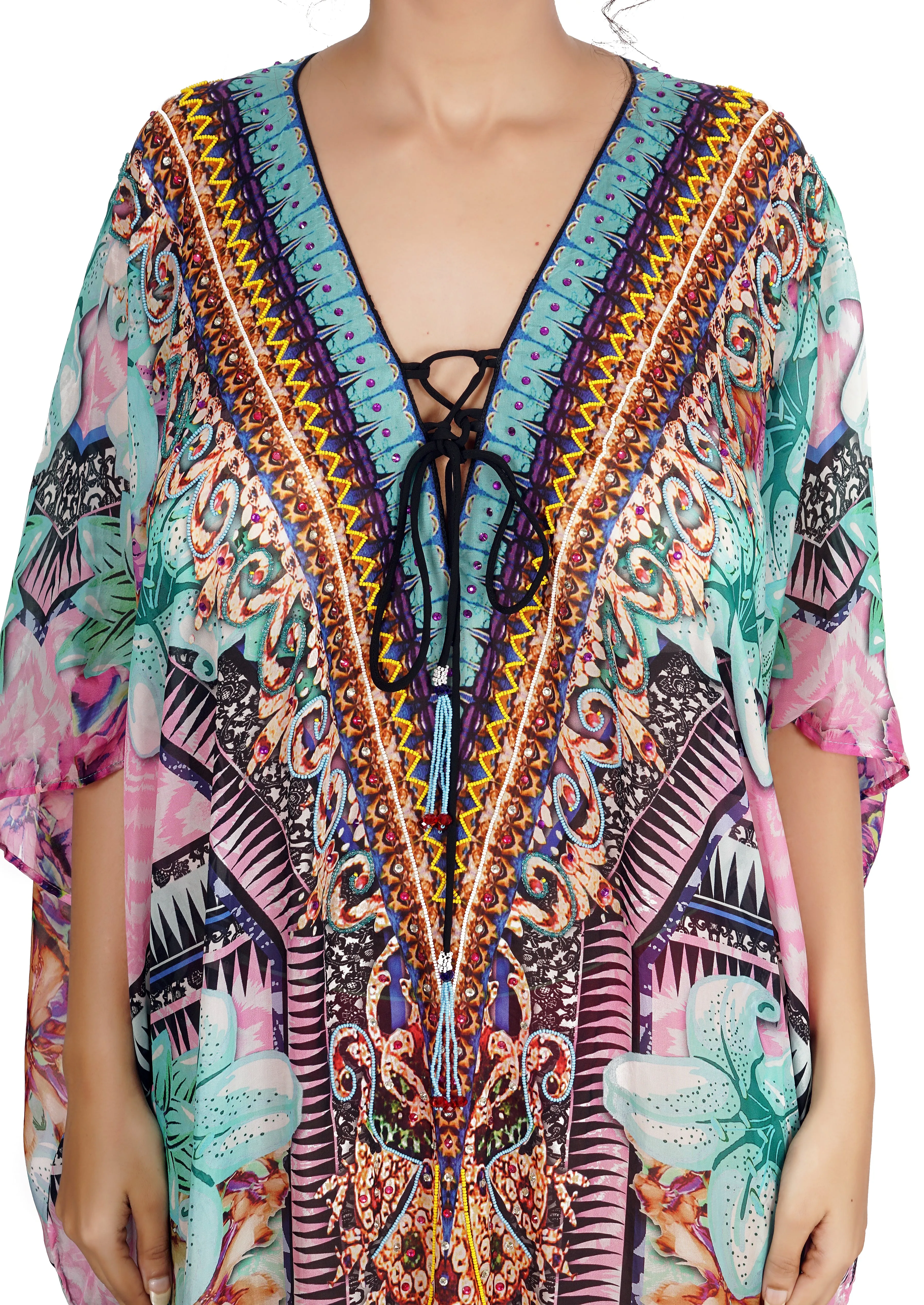 floral print coalesce Short Silk Kaftan with cuts Silk caftan tunic