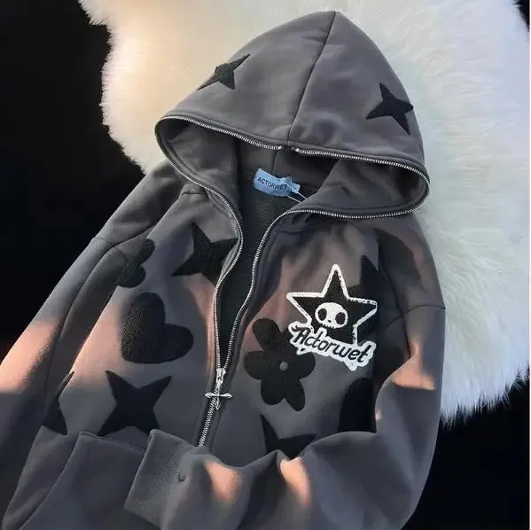 Flytonn-Best Sellers Vintage Embroidery Star Full Zip Up Hoodie Jacket Oversized Sweatshirt Goth Harajuku Y2k Streetwear Men Clothing