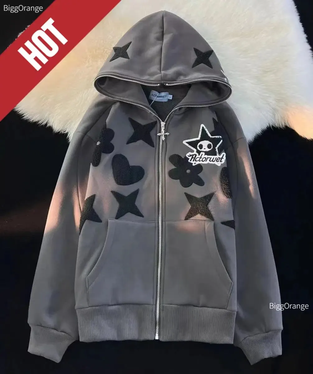 Flytonn-Best Sellers Vintage Embroidery Star Full Zip Up Hoodie Jacket Oversized Sweatshirt Goth Harajuku Y2k Streetwear Men Clothing