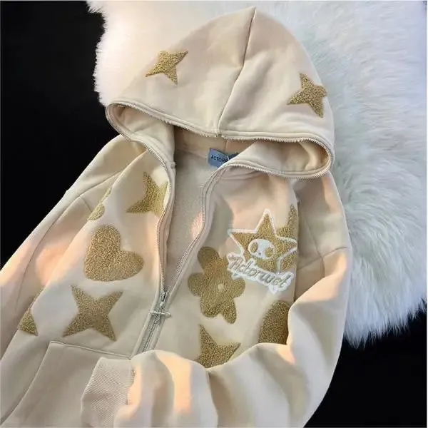 Flytonn-Best Sellers Vintage Embroidery Star Full Zip Up Hoodie Jacket Oversized Sweatshirt Goth Harajuku Y2k Streetwear Men Clothing