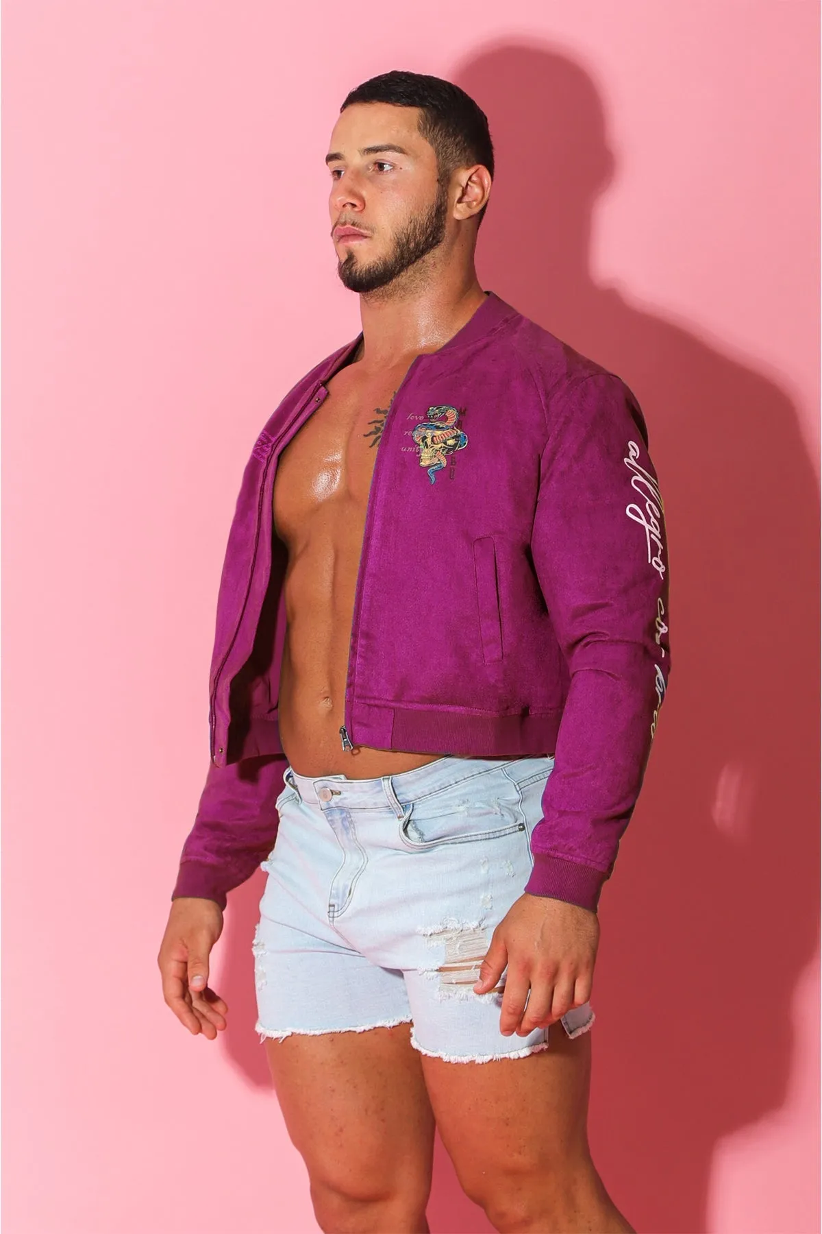 Get Him Back Suede Cropped Zip Jacket - Magenta