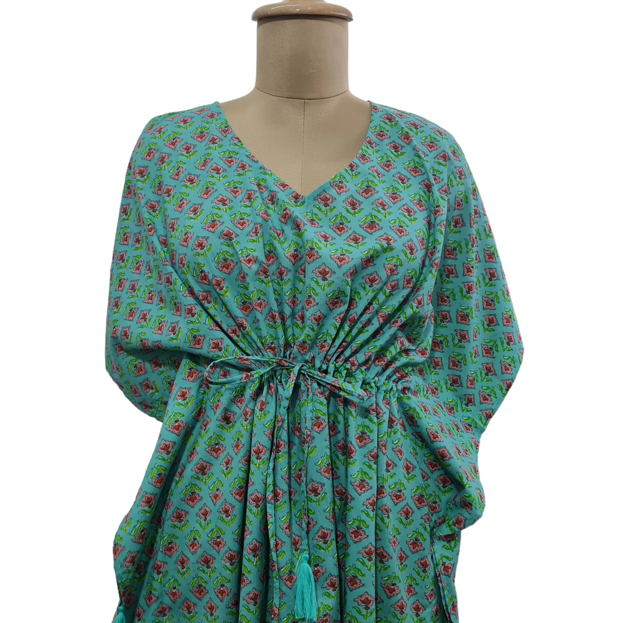 Green Pink Floral Print Cotton Kaftan
