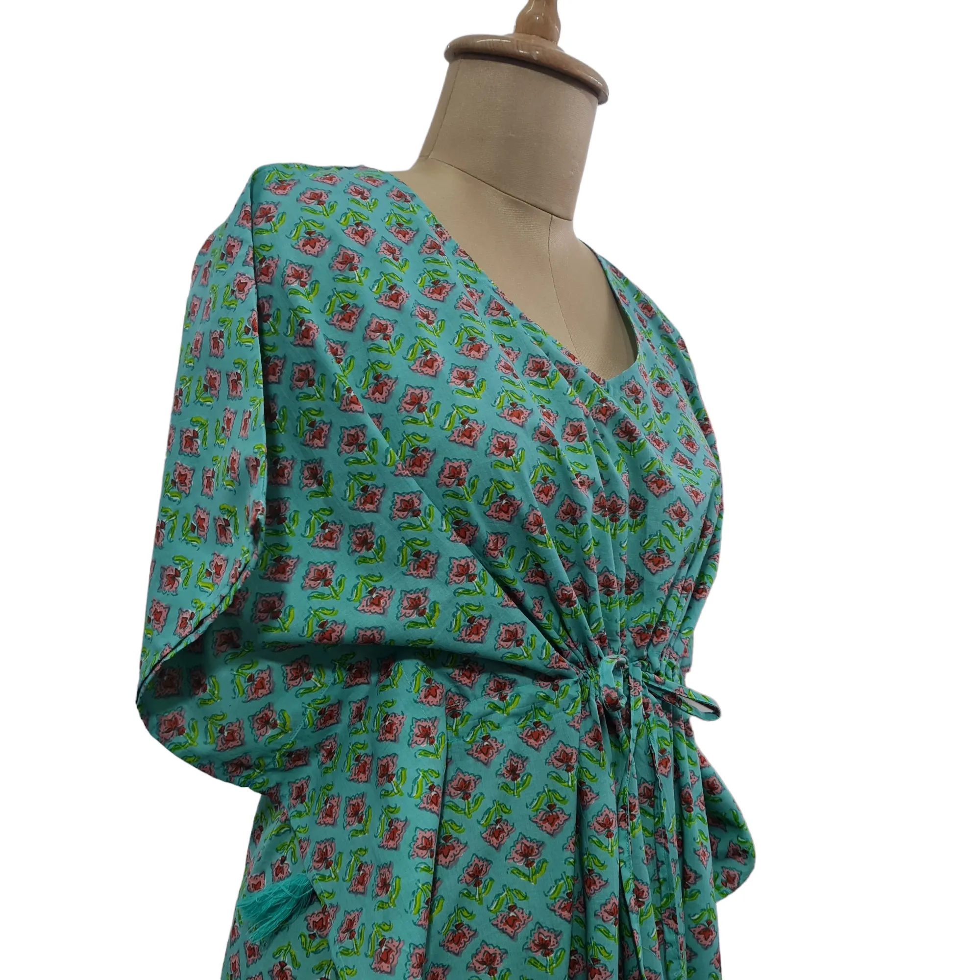 Green Pink Floral Print Cotton Kaftan