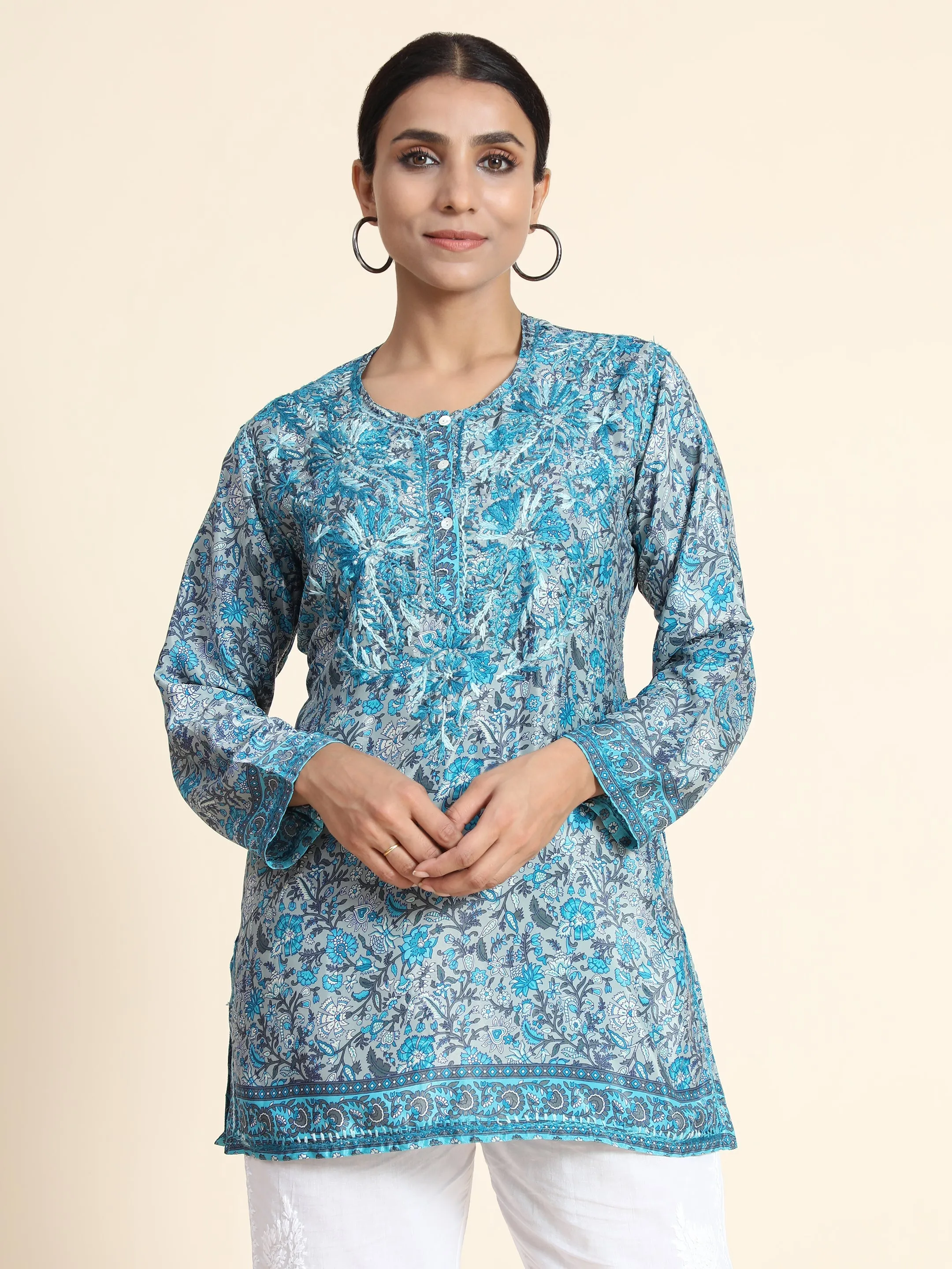 Hand embroidery Chikankari Tunic- Sky Blue