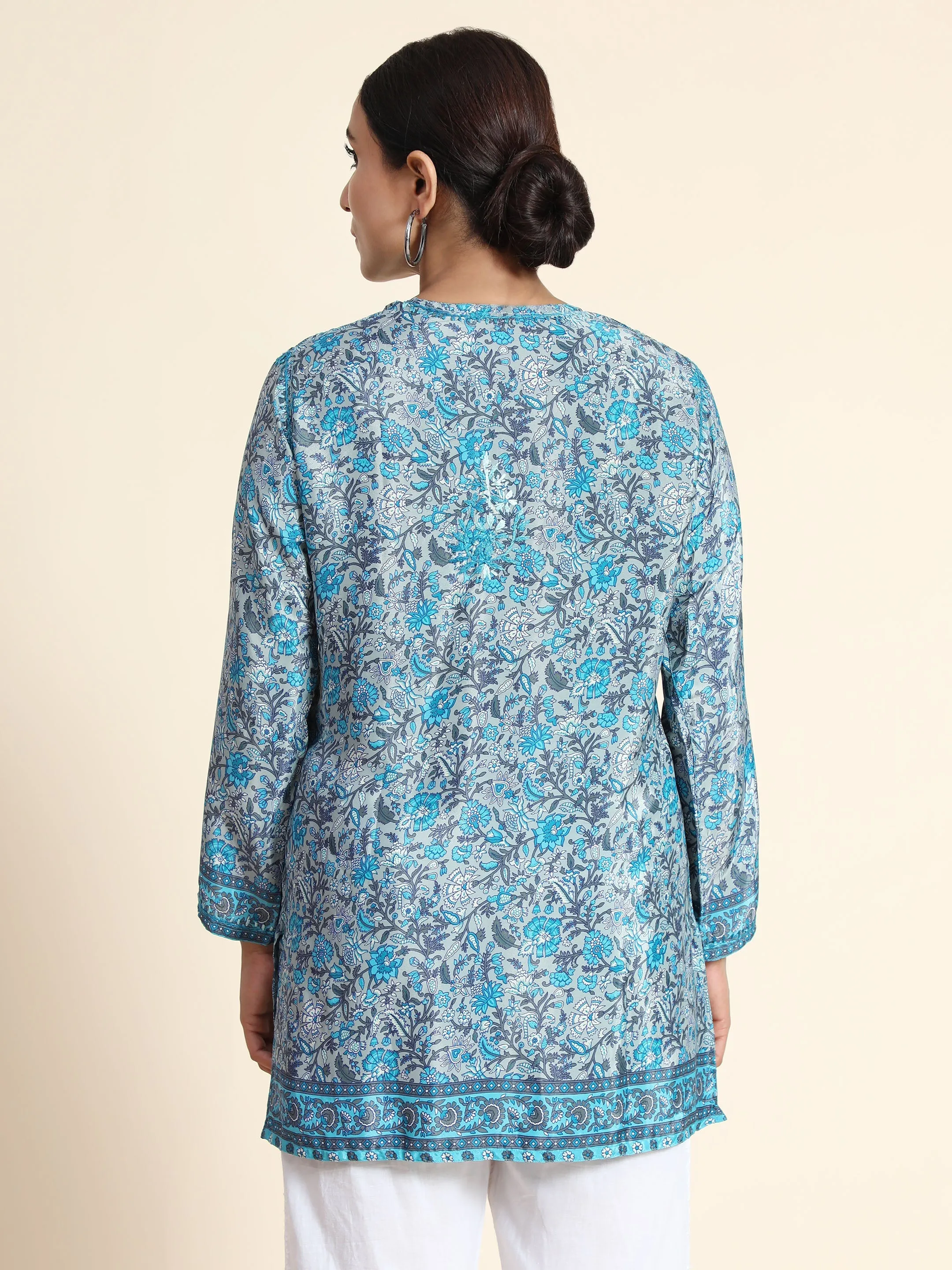 Hand embroidery Chikankari Tunic- Sky Blue