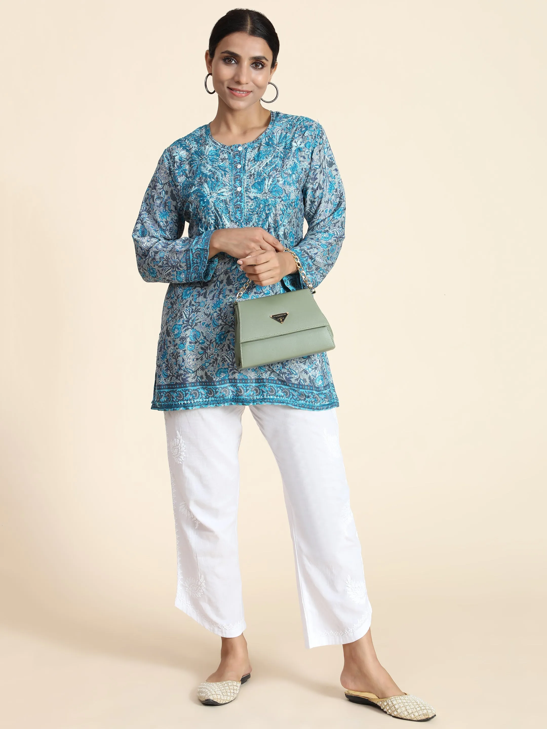 Hand embroidery Chikankari Tunic- Sky Blue