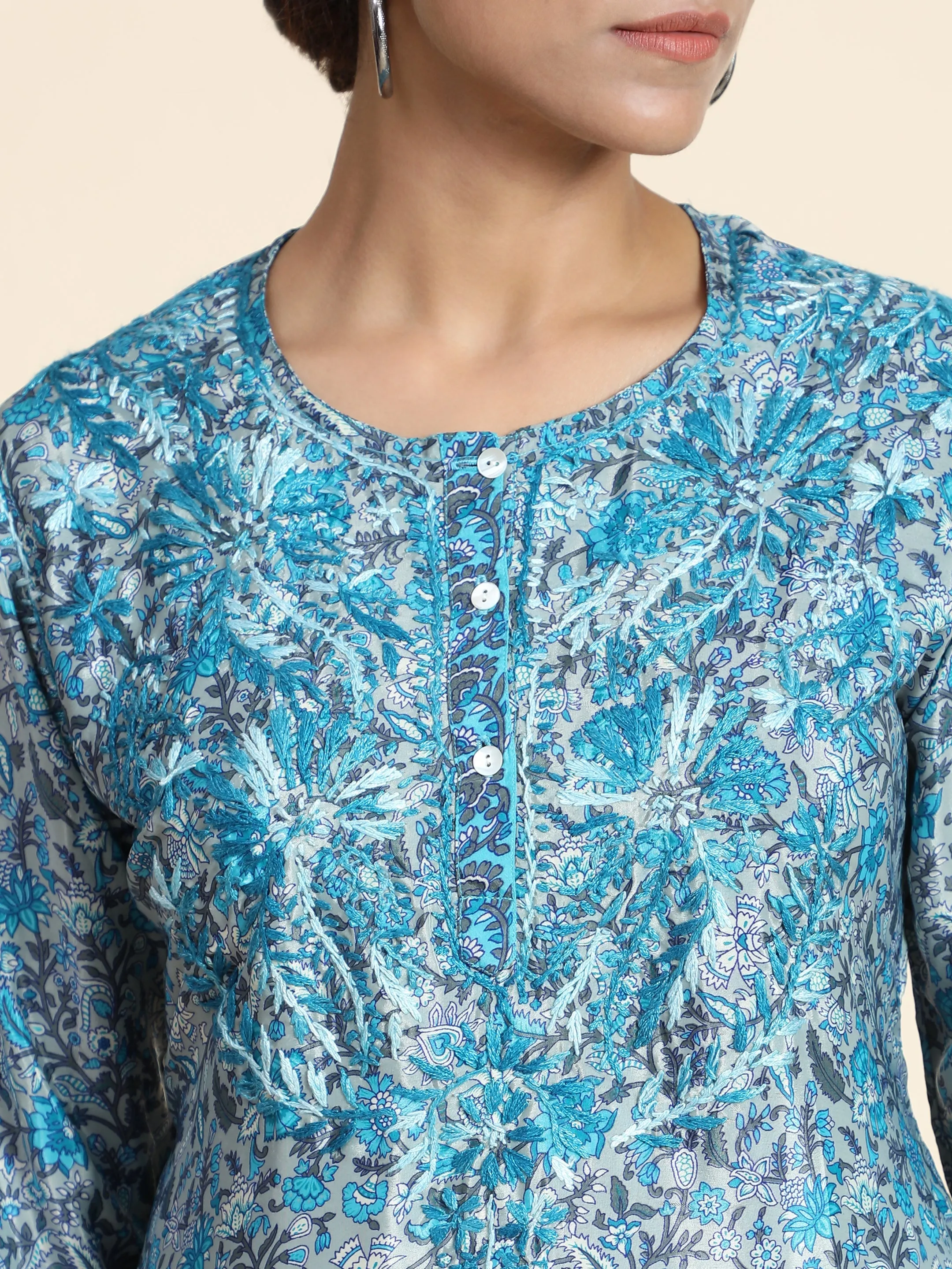 Hand embroidery Chikankari Tunic- Sky Blue