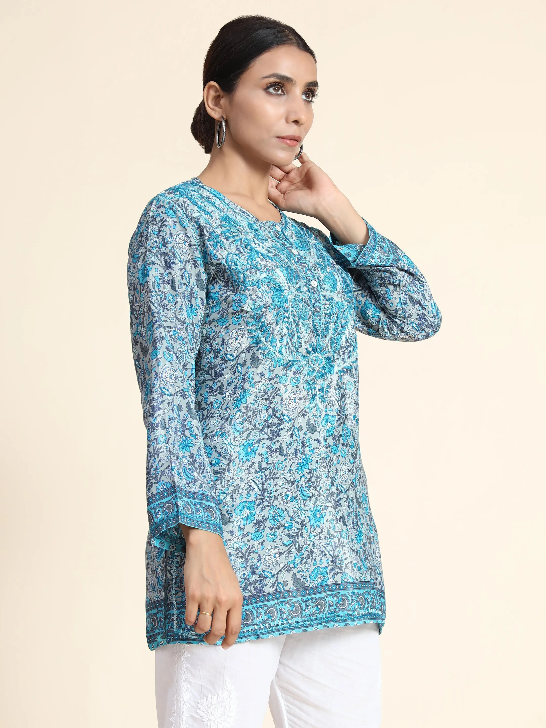 Hand embroidery Chikankari Tunic- Sky Blue