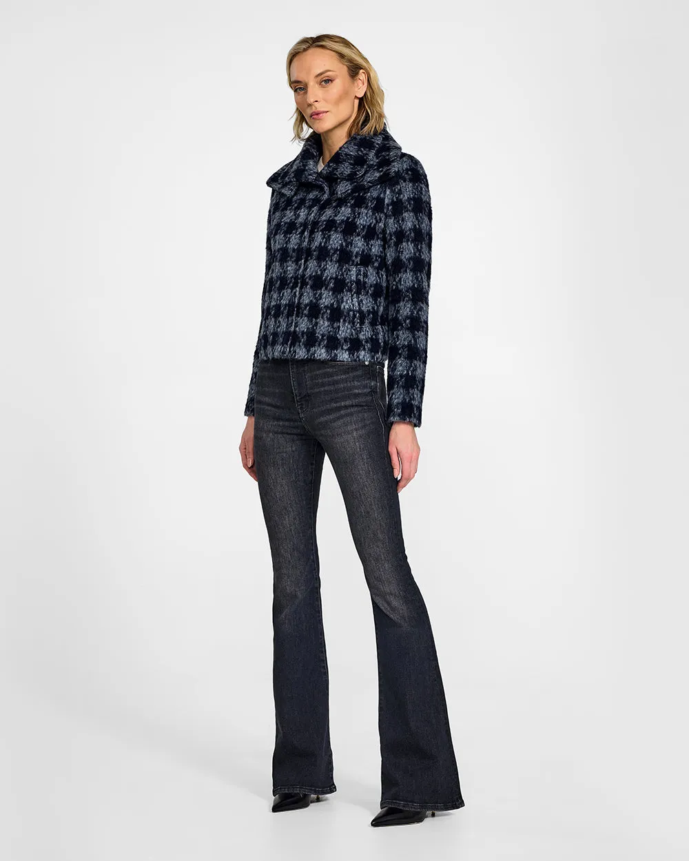 Houndstooth Alpaca Moto Jacket with Signature Double Collar