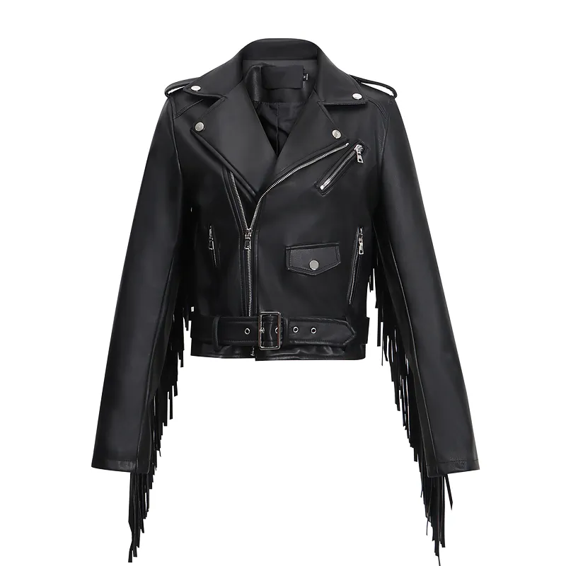 Ladies Biker Short PU Leather Thin Jacket / Rock Style Cropped Black Jacket with Belt