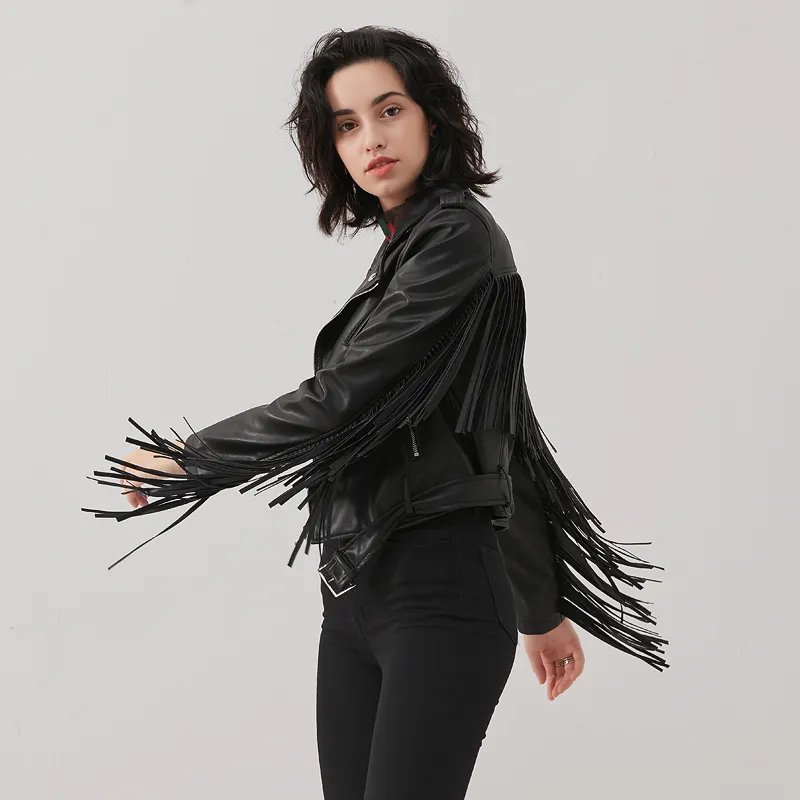 Ladies Biker Short PU Leather Thin Jacket / Rock Style Cropped Black Jacket with Belt