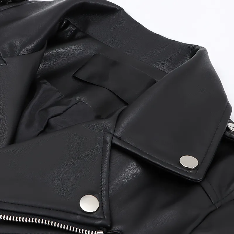 Ladies Biker Short PU Leather Thin Jacket / Rock Style Cropped Black Jacket with Belt