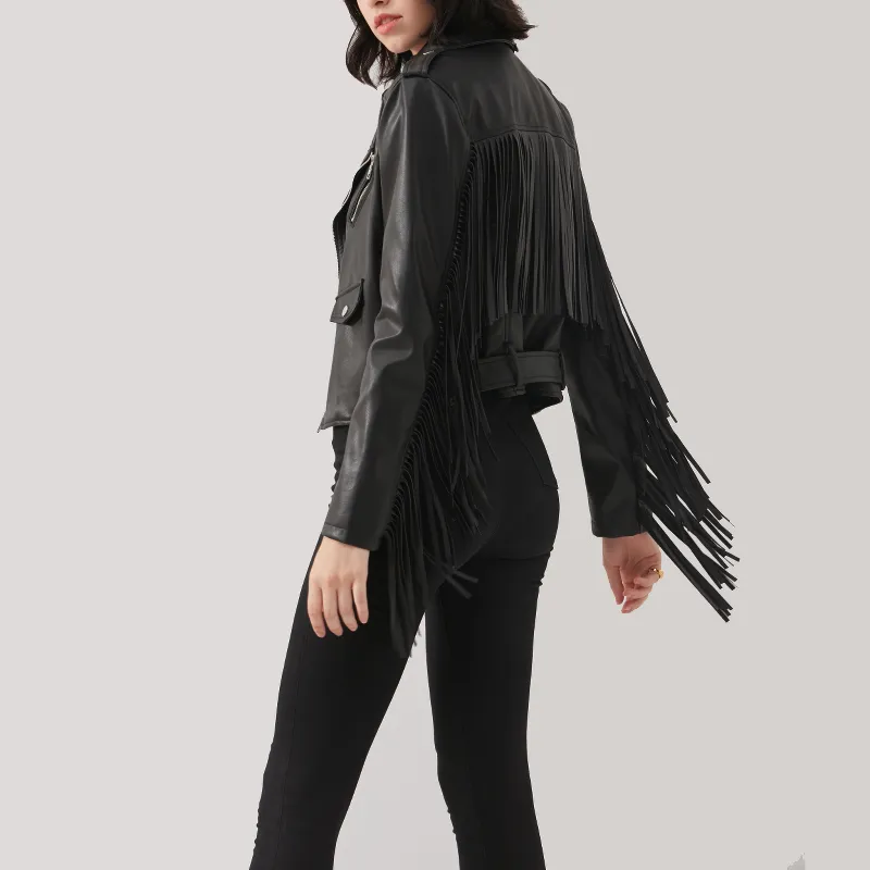 Ladies Biker Short PU Leather Thin Jacket / Rock Style Cropped Black Jacket with Belt
