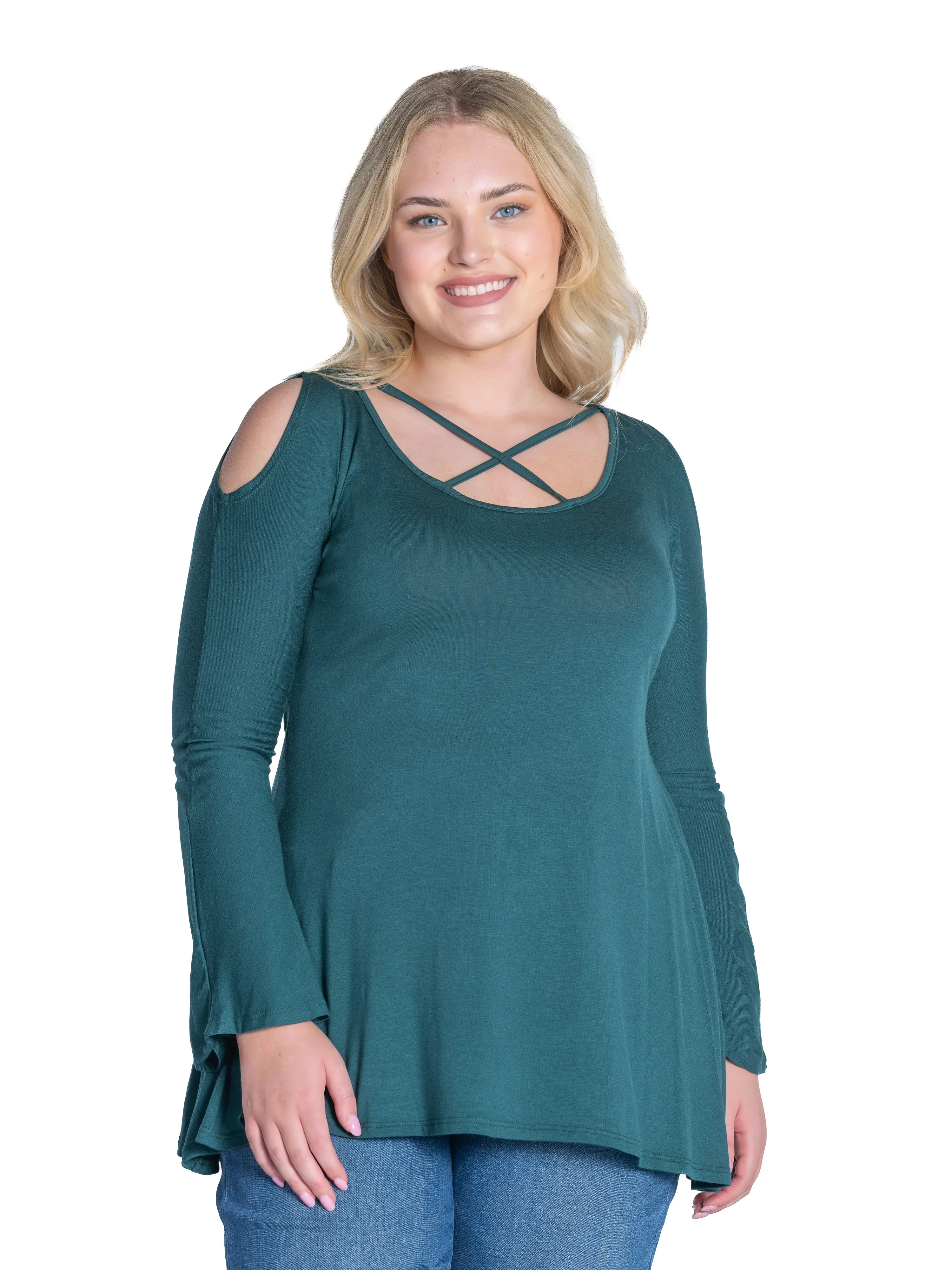 Long Sleeve Plus Size Criss Cross Cold Shoulder Top
