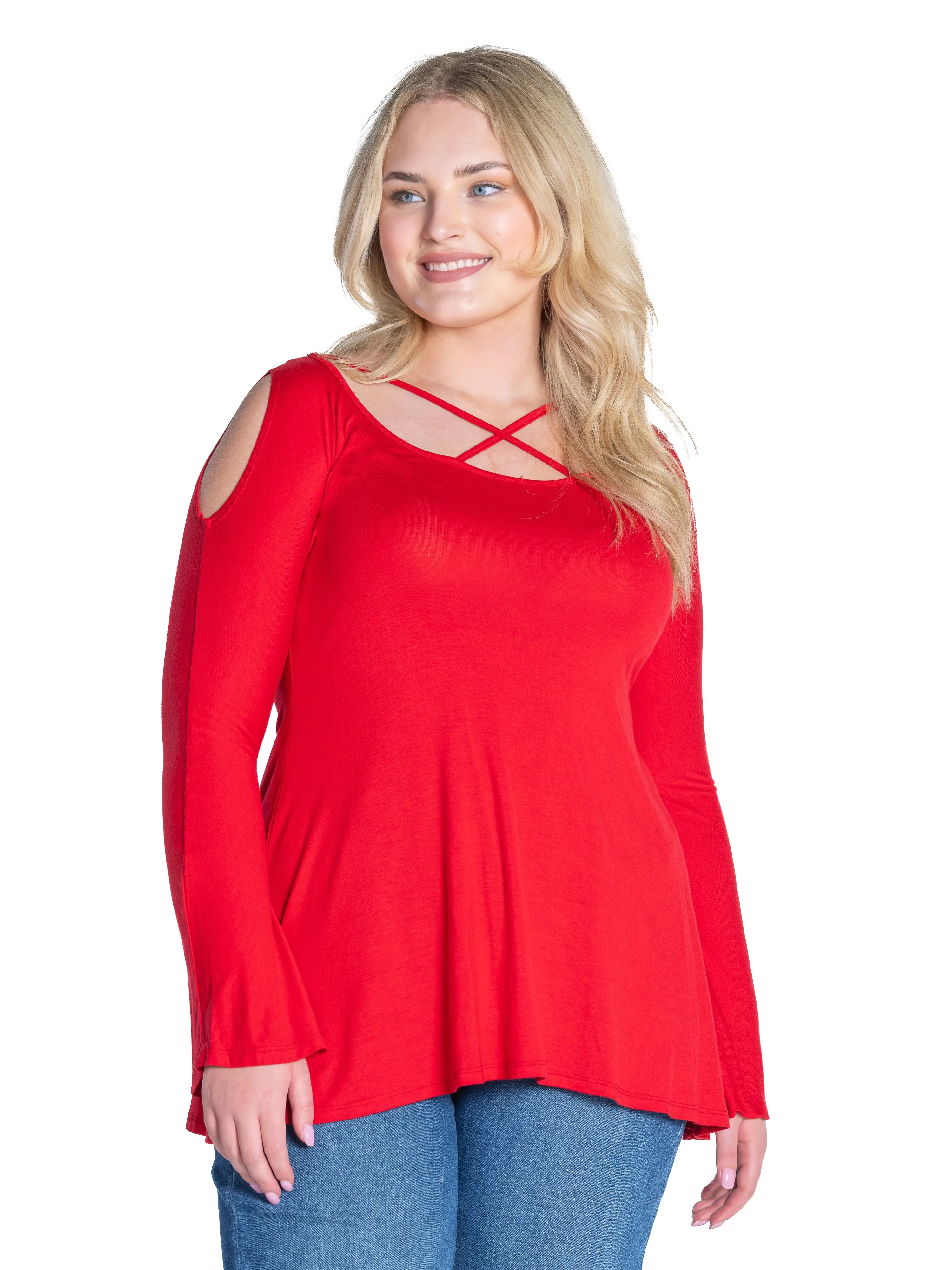 Long Sleeve Plus Size Criss Cross Cold Shoulder Top