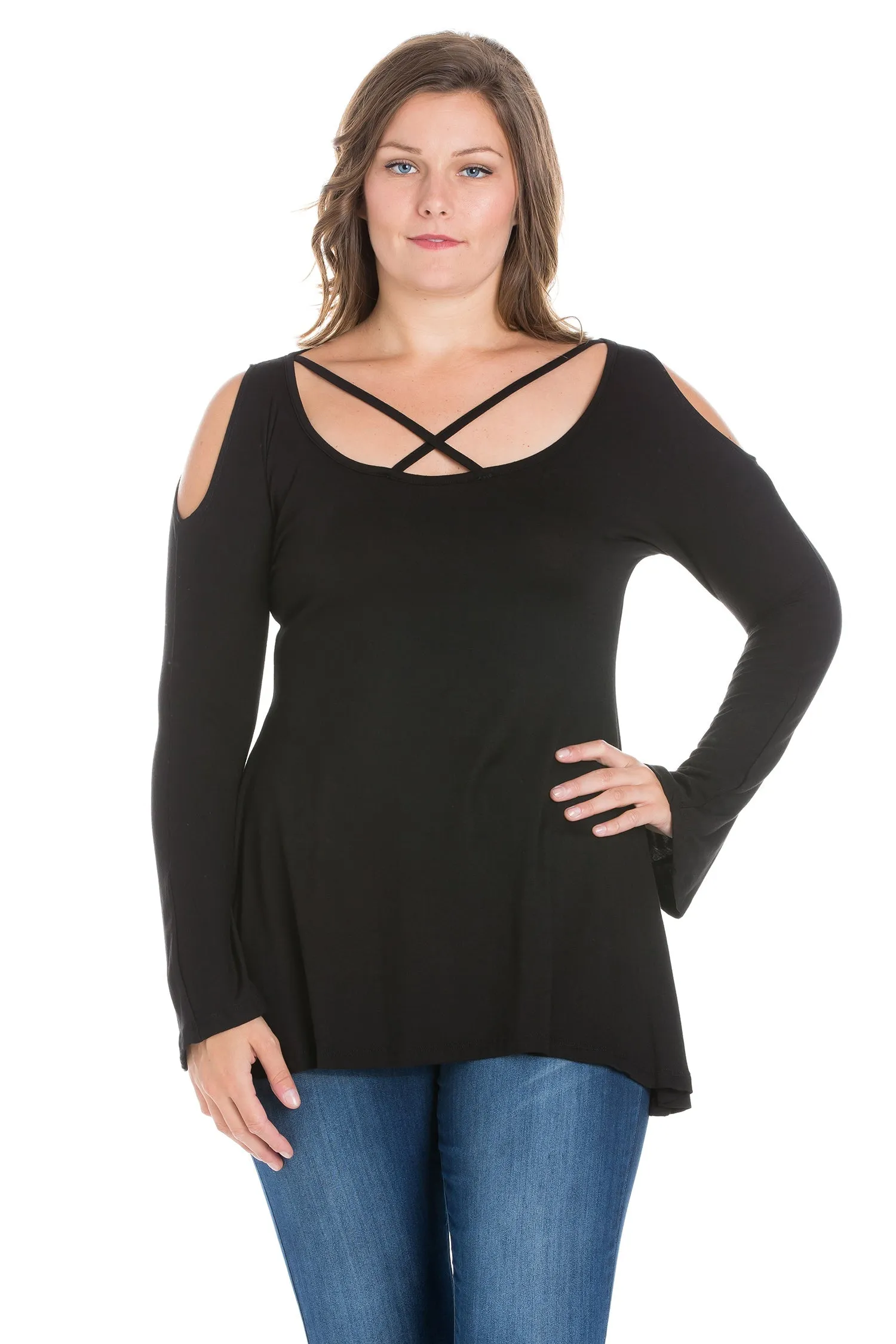 Long Sleeve Plus Size Criss Cross Cold Shoulder Top