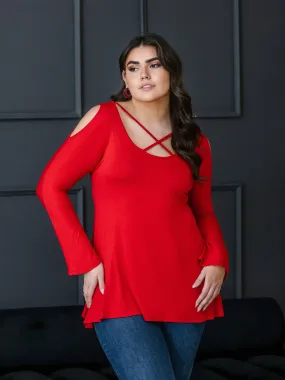 Long Sleeve Plus Size Criss Cross Cold Shoulder Top