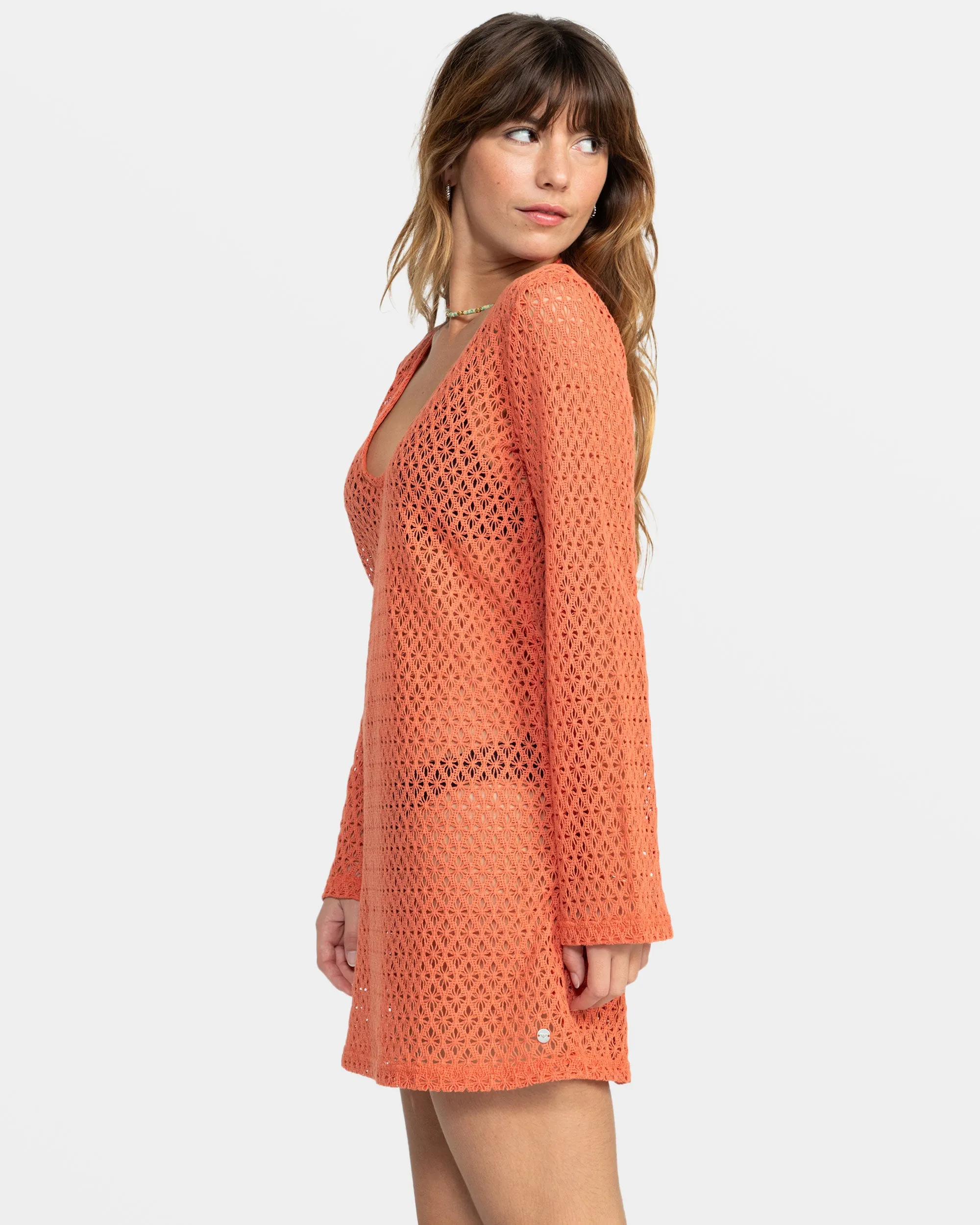 Love Coastline Long Sleeve Crochet Beach Dress - Apricot Brandy