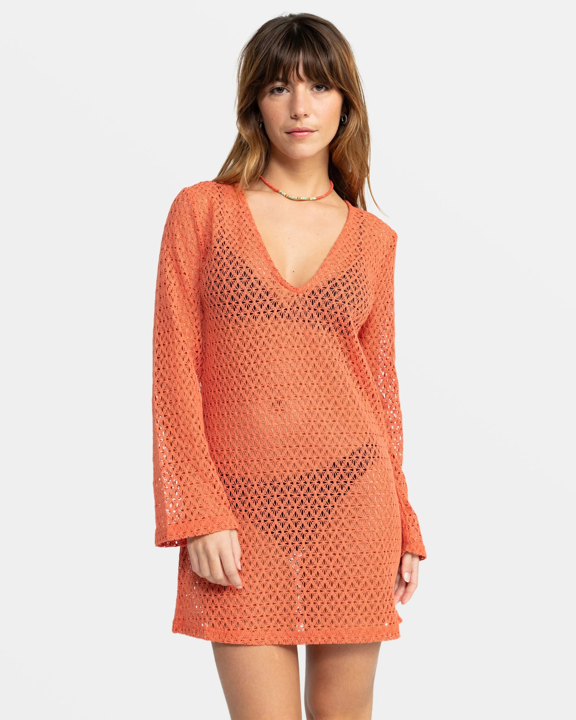 Love Coastline Long Sleeve Crochet Beach Dress - Apricot Brandy